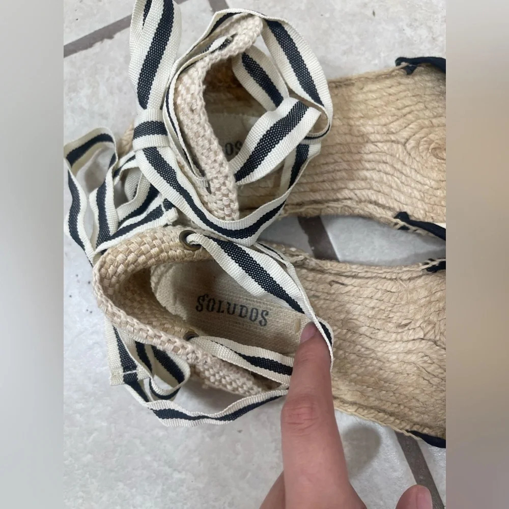 Soludos Cream Black Striped Nautical Strappy Ankle Tie Espadrilles Flats Sz 9.5 - Picture 5 of 13